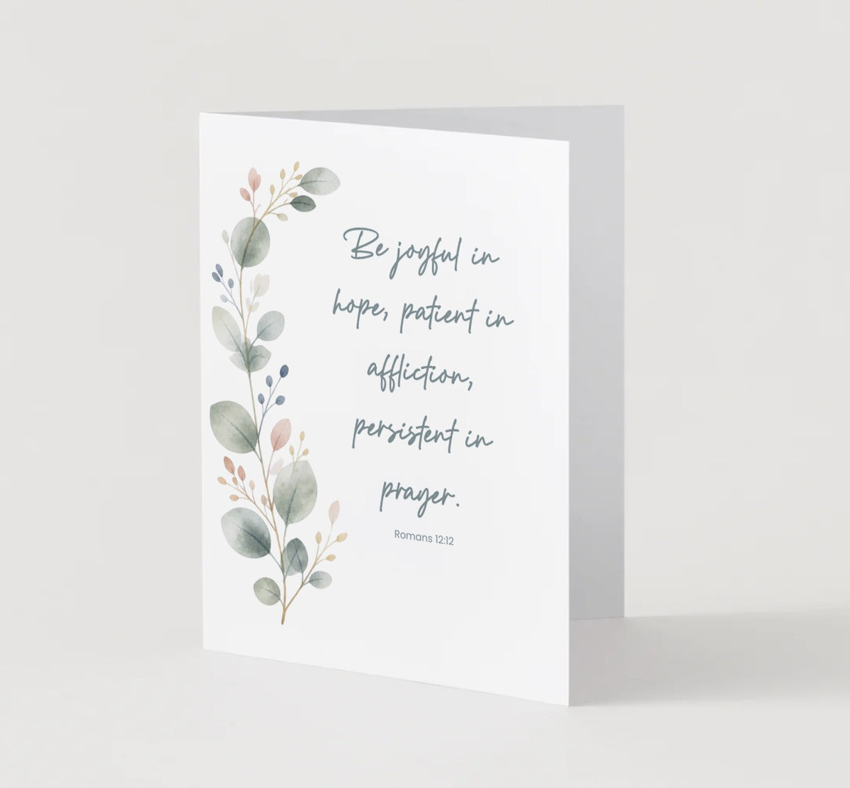 Eucalyptus blank greeting card with Romans 12:12