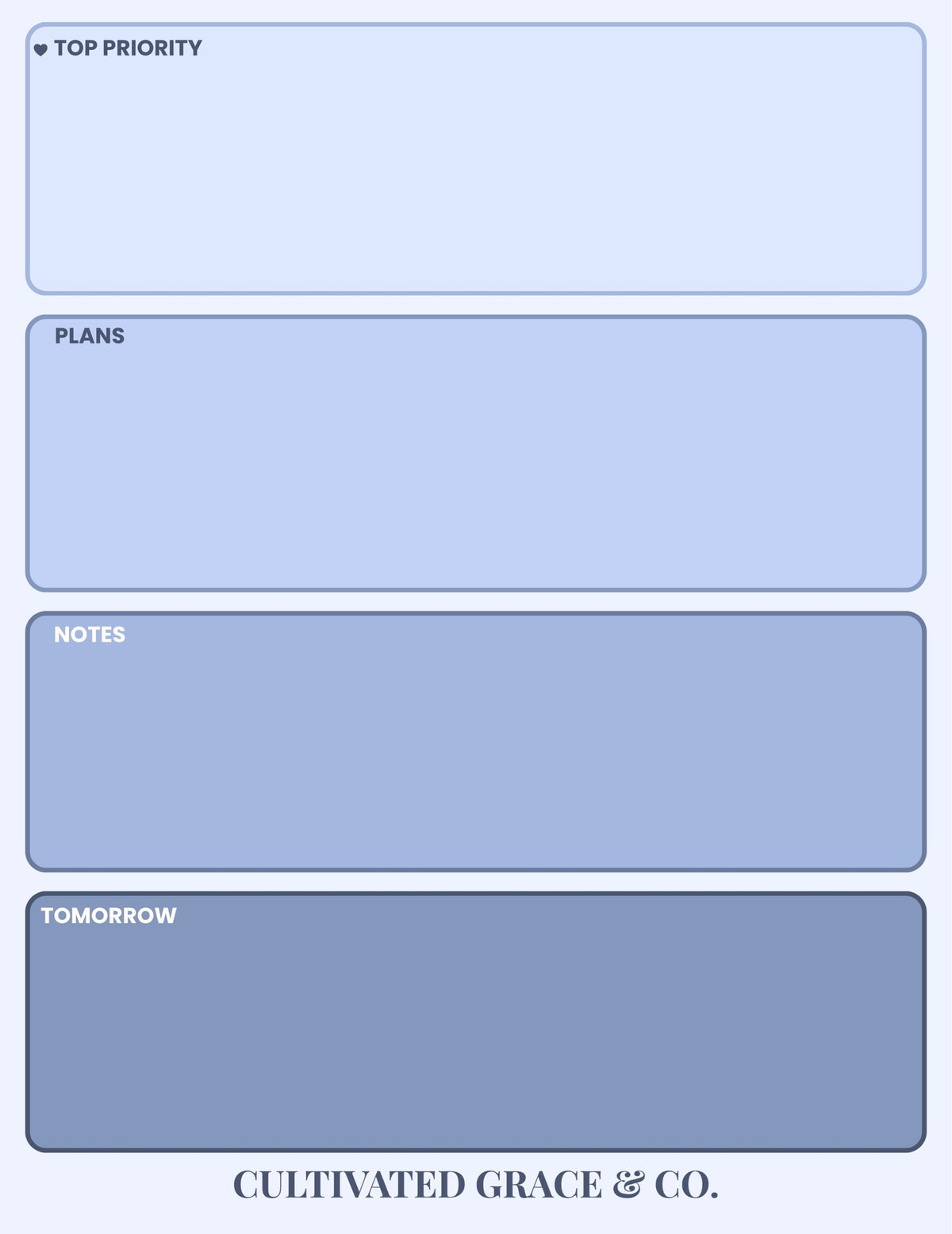 Blue Daily Priorities Notepad page design: four soft blue boxes labeled Top Priority, Plans, Notes and Tomorrow, shading from light to dark, with Cultivated Grace & Co. at the bottom. Artwork preview, not a product photo.