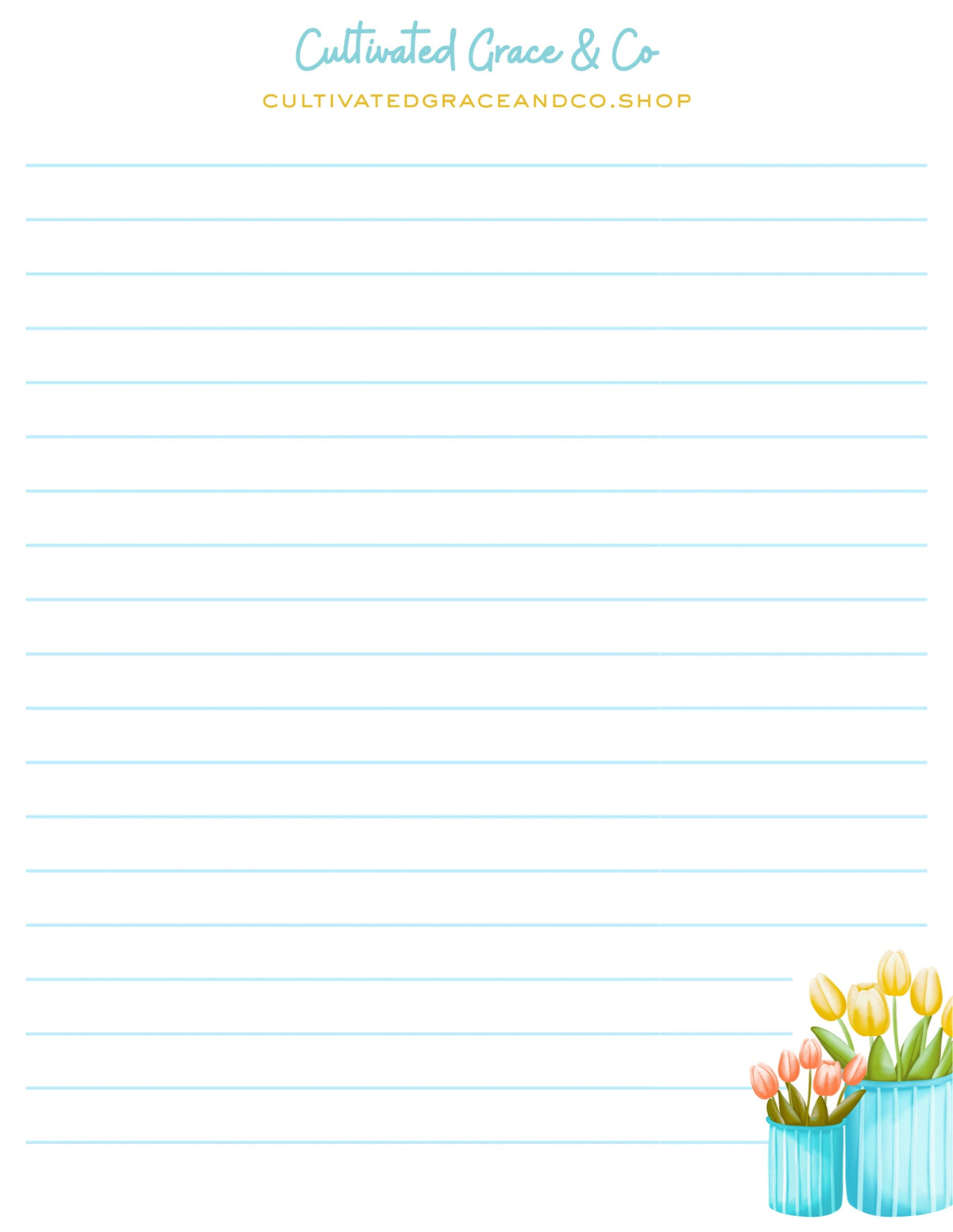 Blue Tulip Pots lined notepad page artwork by Cultivated Grace & Co.