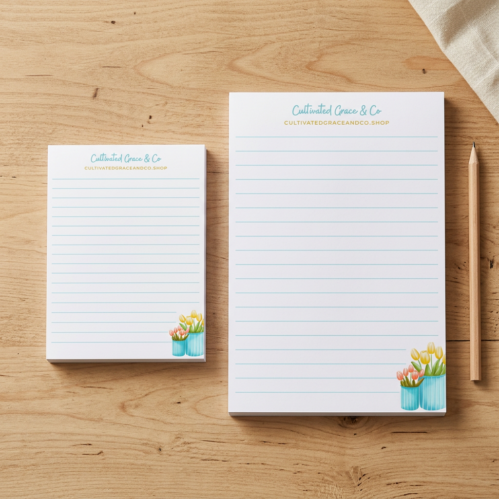 Both notepad sizes on a rustic wood table with simple neutral props