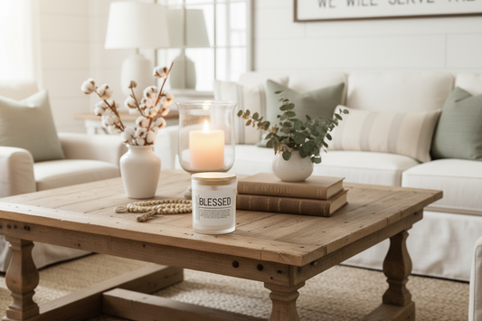 change out the candle in this image for the one in my product listing and zoom in on the table more so you can see the candle