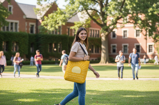 change the tote back to the one in my product listing, the yellow one with the sun, and turn the woman so you can see the tote bag