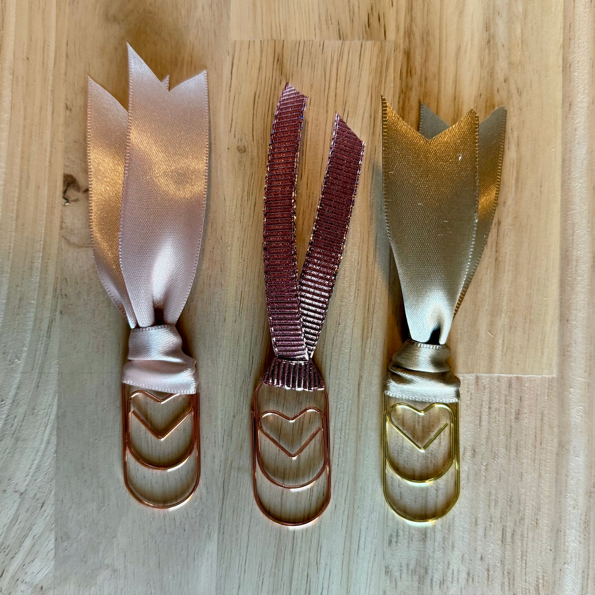 Holiday Neutral example set of 3 ribbon paperclip bookmarks: blush satin, metallic mauve and champagne satin ribbons. Ribbons in your set will vary.