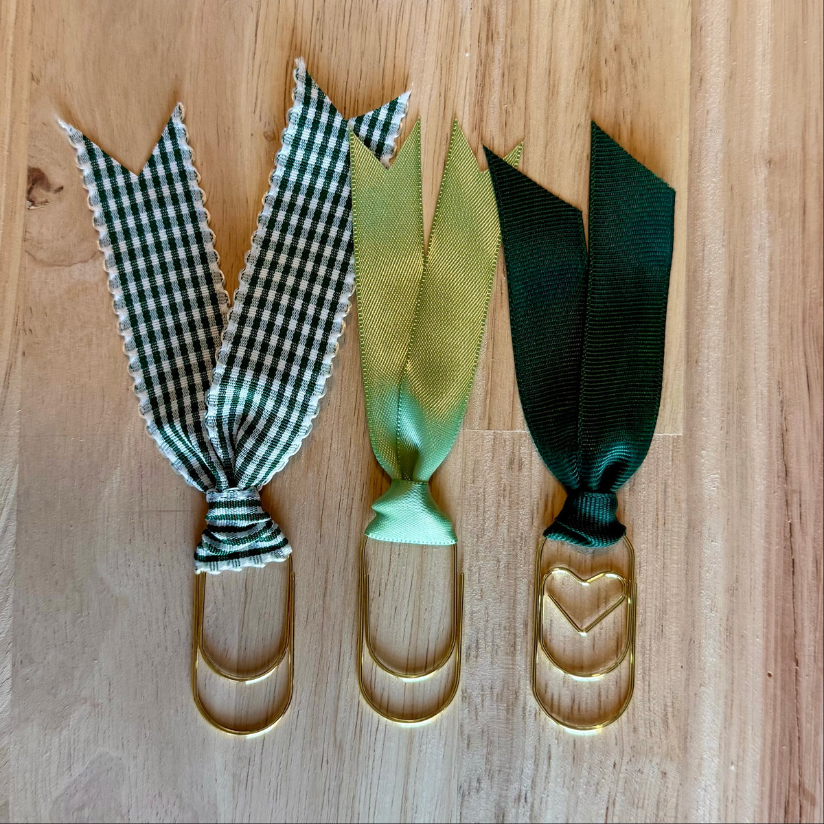 Evergreen example set of 3 ribbon paperclip bookmarks: green gingham, sage and deep evergreen ribbons. Ribbons in your set will vary.