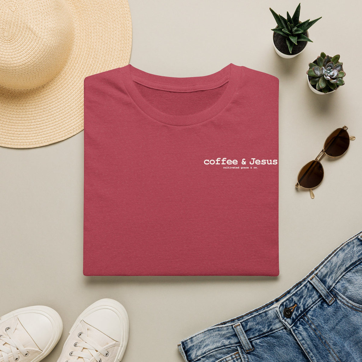Coffee & Jesus tee in Heather Cardinal, folded flat lay