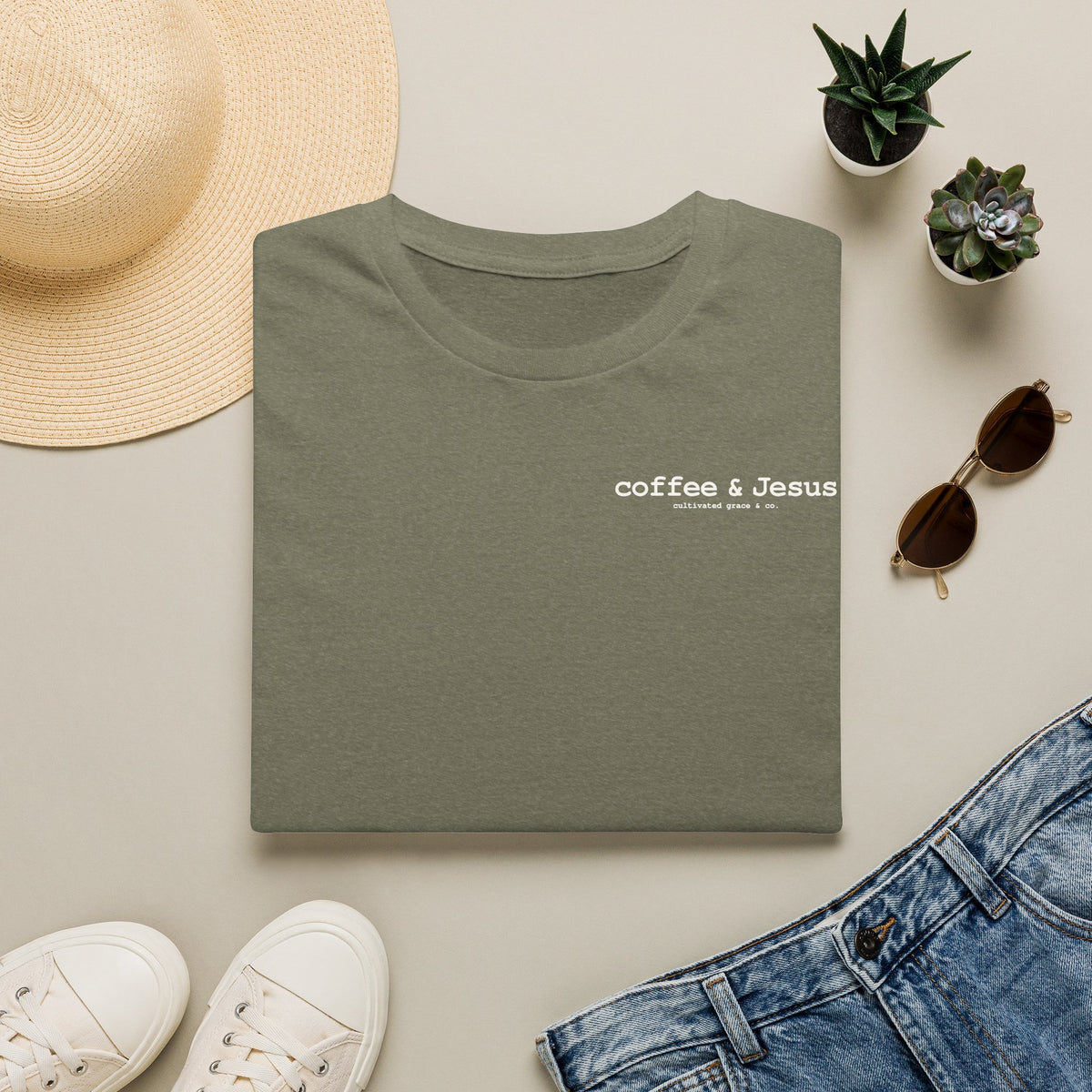 Coffee & Jesus tee in Heather Military Green, folded flat lay