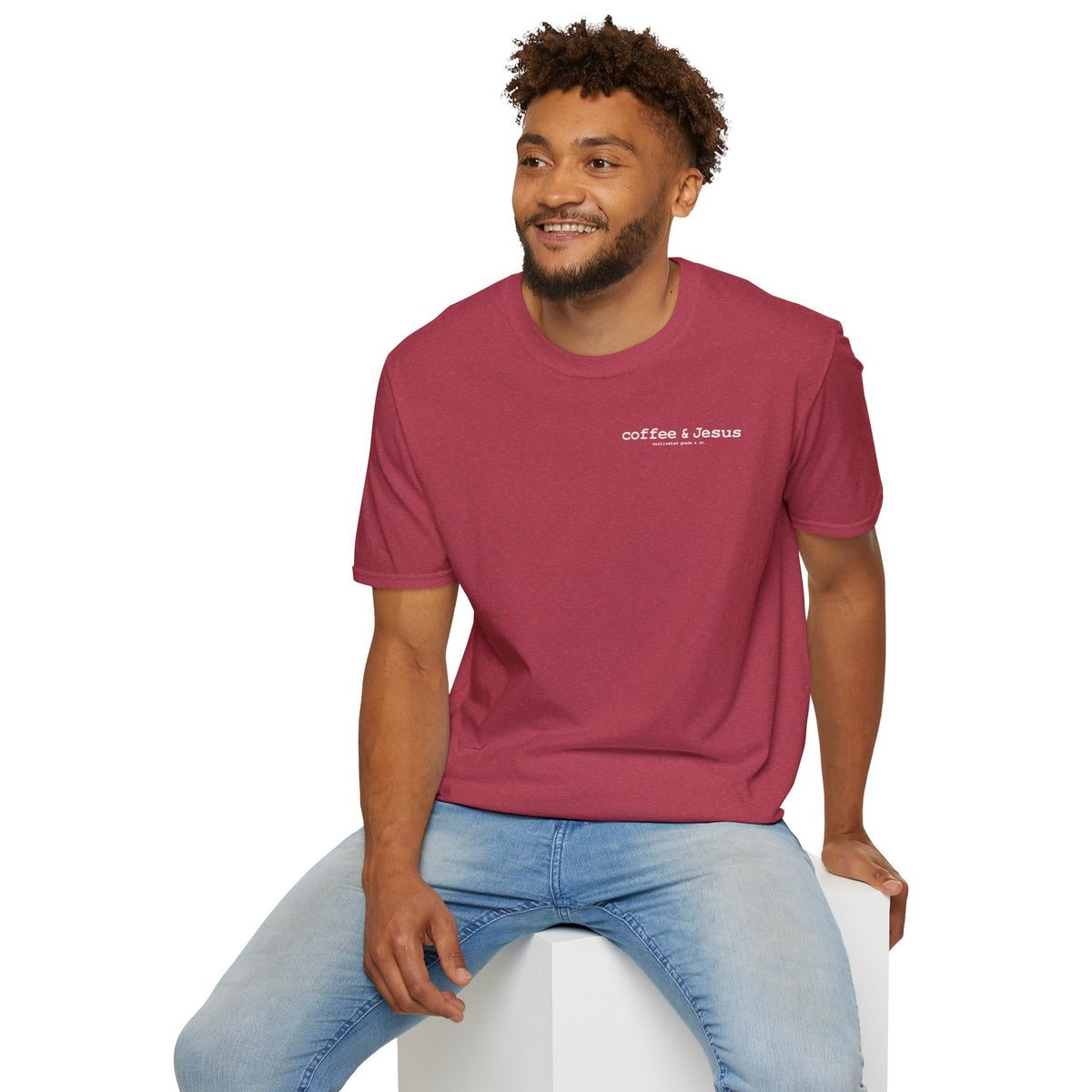 Coffee & Jesus tee in Heather Cardinal on a man
