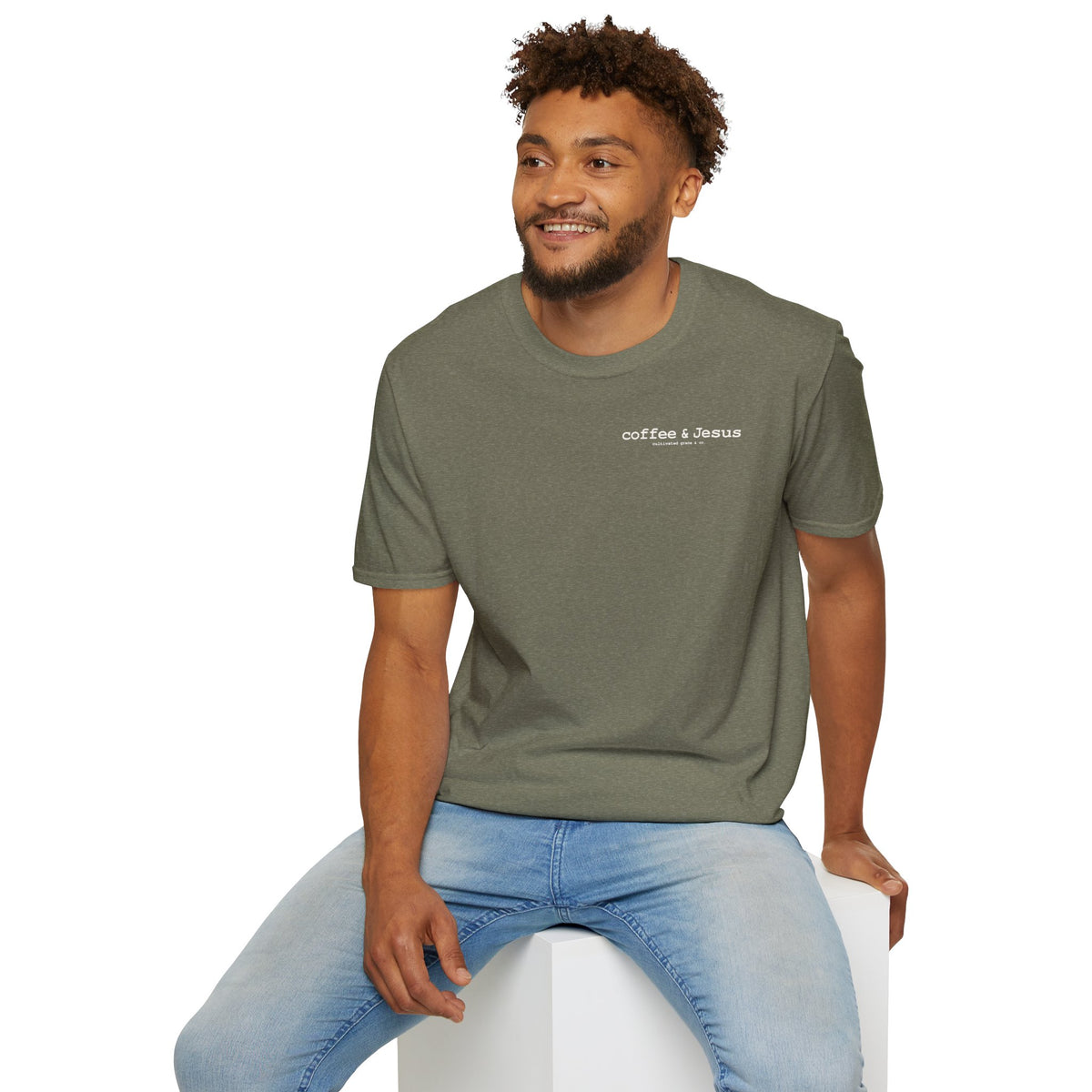 Coffee & Jesus tee in Heather Military Green on a man