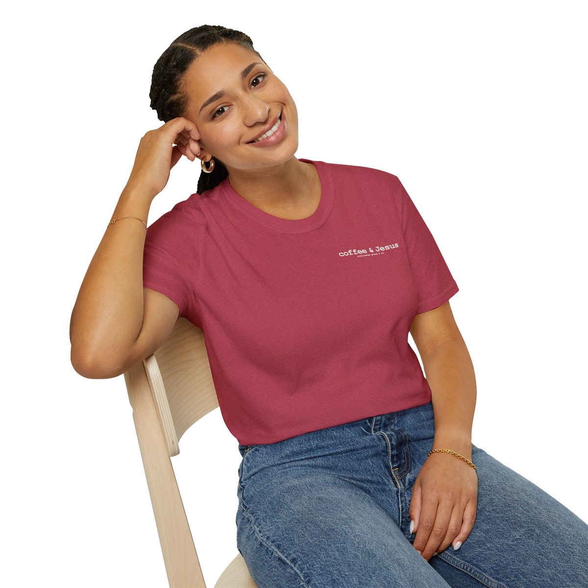 Coffee & Jesus tee in Heather Cardinal on a woman