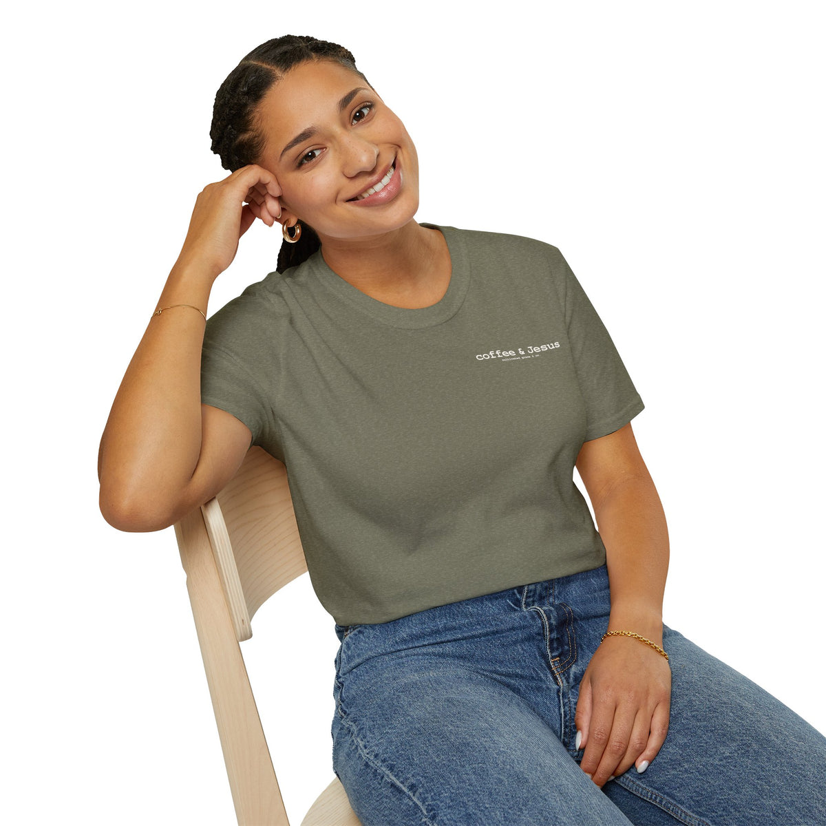 Coffee & Jesus tee in Heather Military Green on a woman