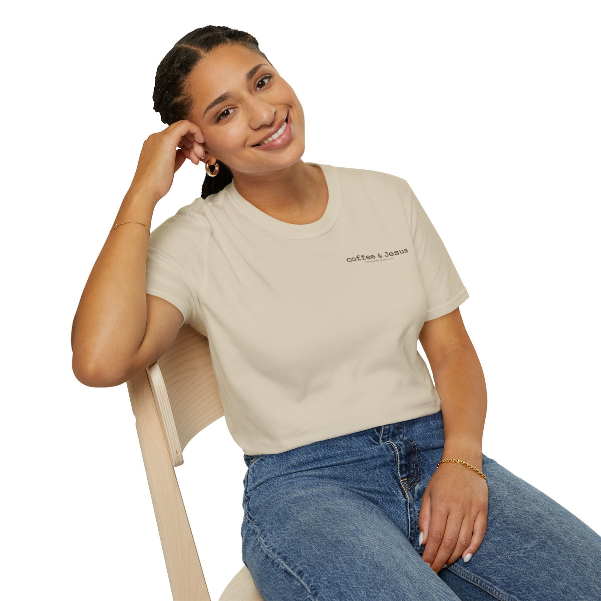 Coffee & Jesus tee in Sand on a woman