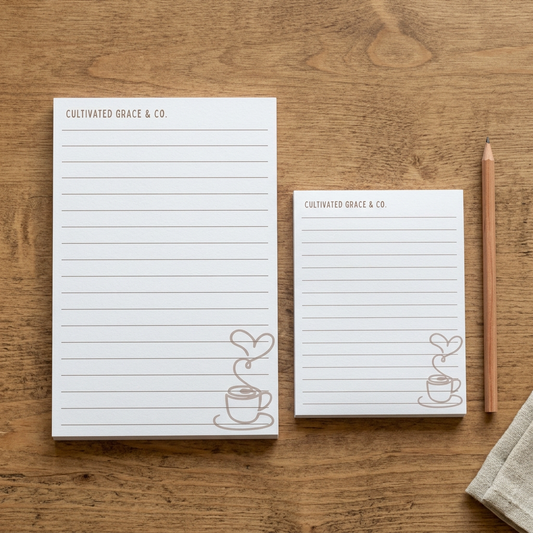 Coffee Heart notepads in both sizes on a rustic wood table