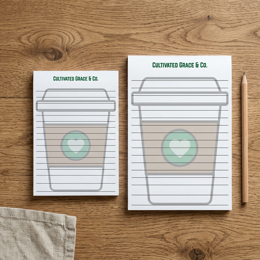 Coffee To Go notepads in both sizes on a rustic wood table