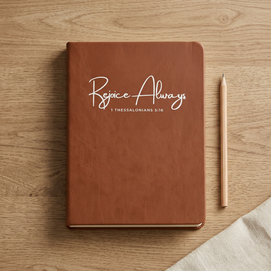 Cognac Rejoice Always journal on a rustic wood table