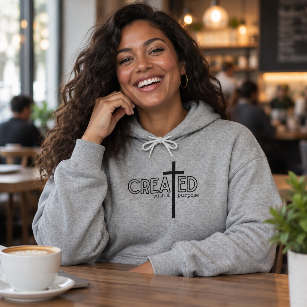 AI-generated model photo: woman in a café wearing the Created with a Purpose hoodie in Athletic Heather