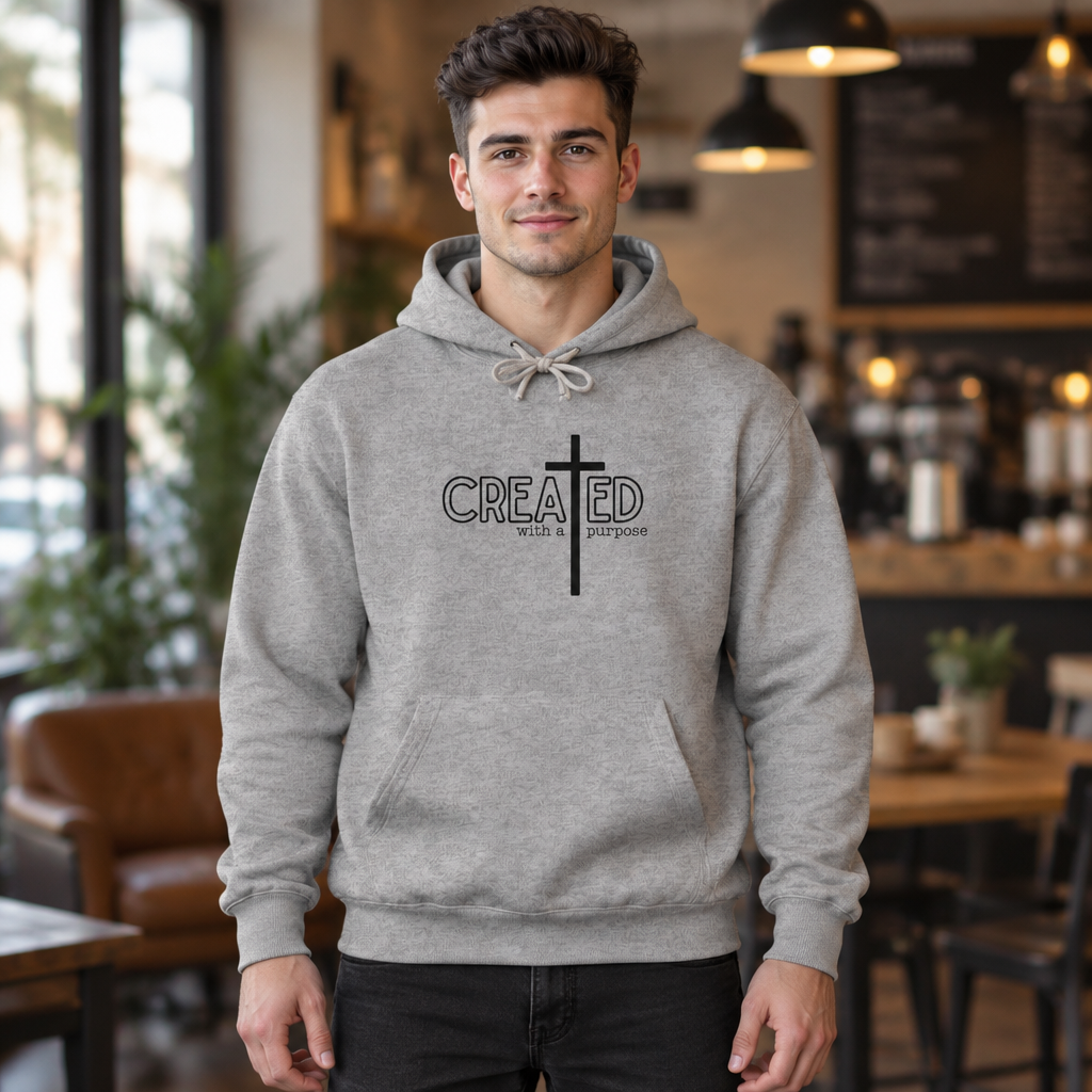 AI-generated model photo: man wearing the Created with a Purpose hoodie in Athletic Heather