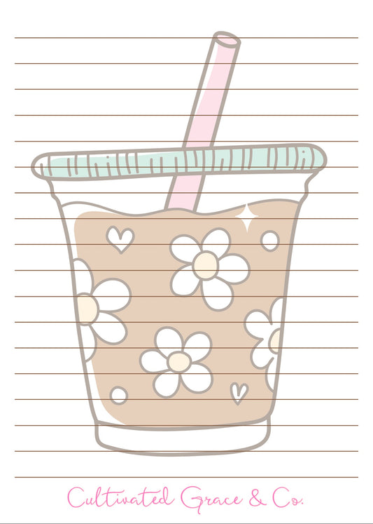 Daisy Iced Coffee lined notepad page artwork by Cultivated Grace & Co.