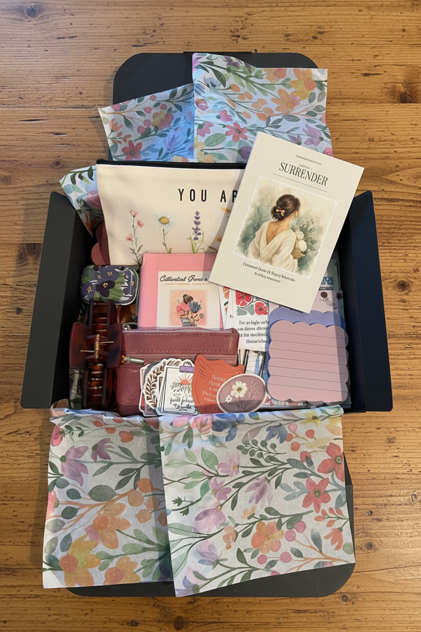 A curated gift box filled with floral patterned cards, a vintage-style art print card, a small wooden bottle, and other decorative items, displayed on a wooden table.