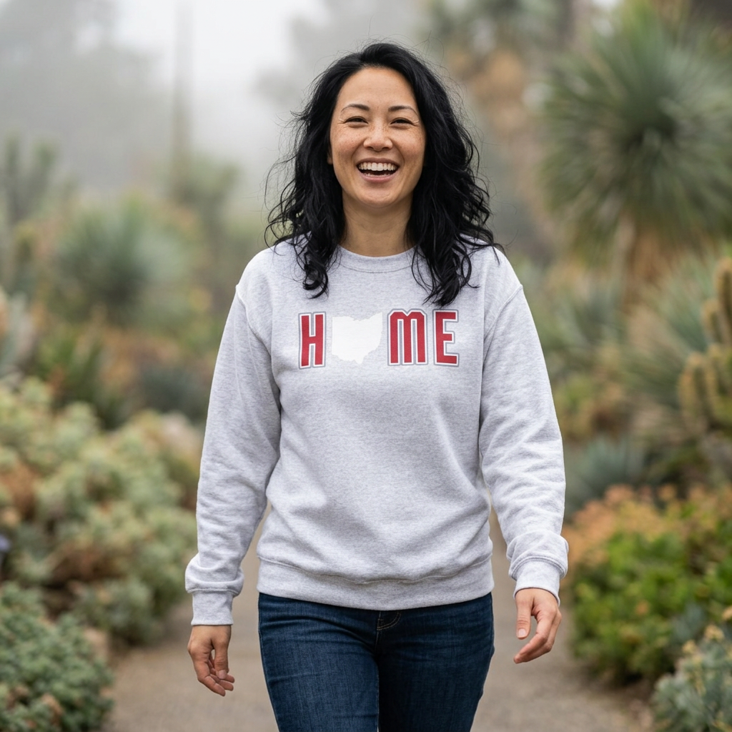 Ohio HOME block letter crewneck in Ash worn outdoors