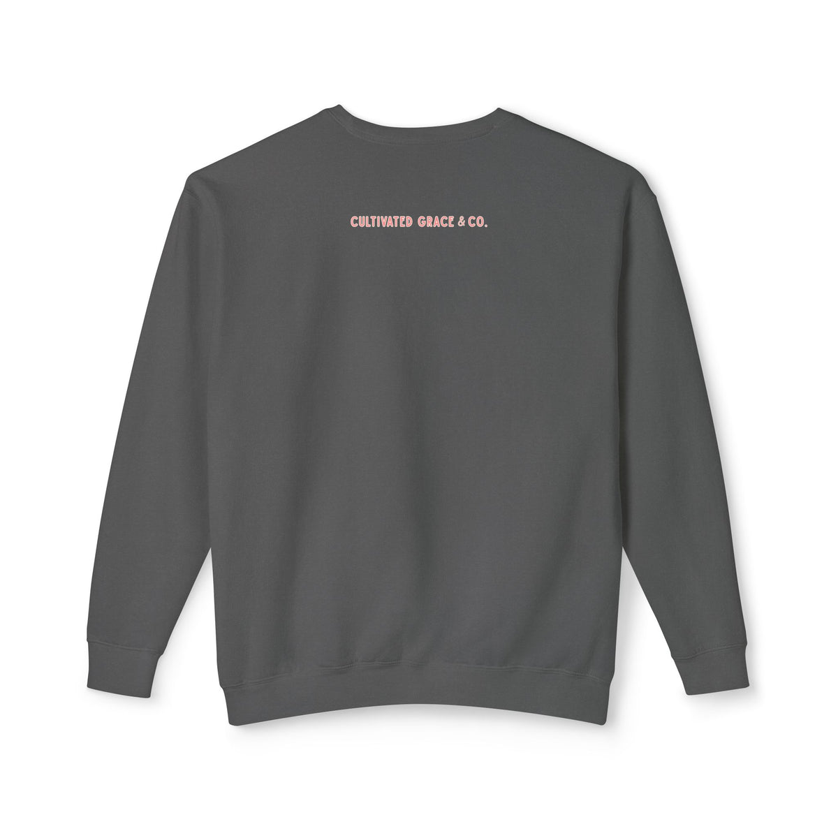 Back of the Pepper crewneck — pink Cultivated Grace & Co. wordmark below the neck