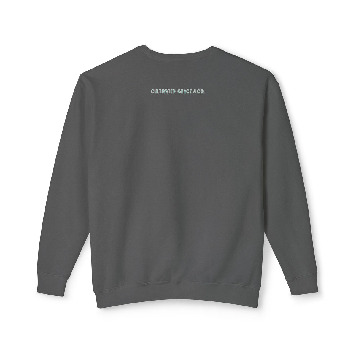Back of the Pepper crewneck — mint Cultivated Grace & Co. wordmark below the neck