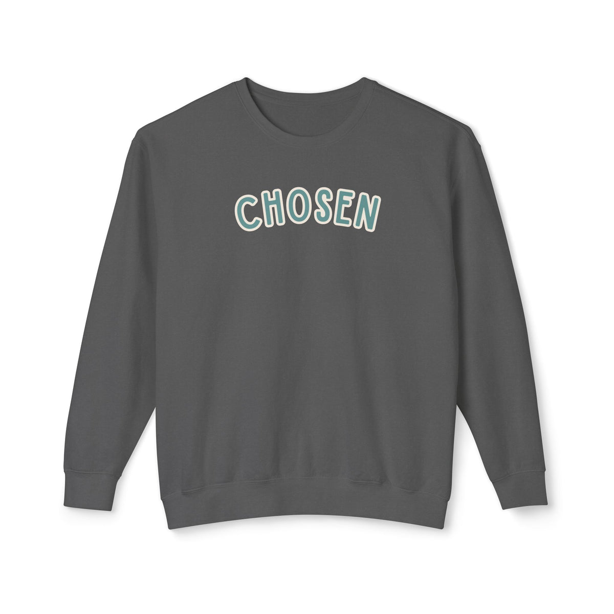 Chosen lightweight crewneck in Pepper — front, mint arched word