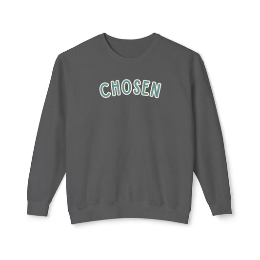 Chosen lightweight crewneck in Pepper — front, mint arched word