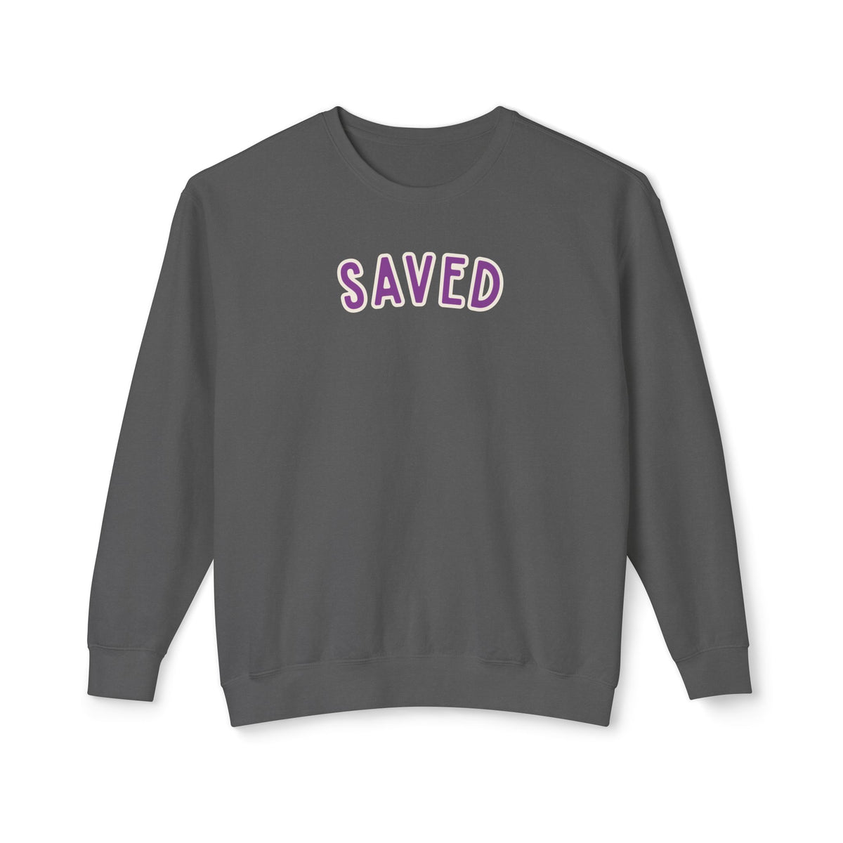 Saved lightweight crewneck in Pepper — front, lavender arched word