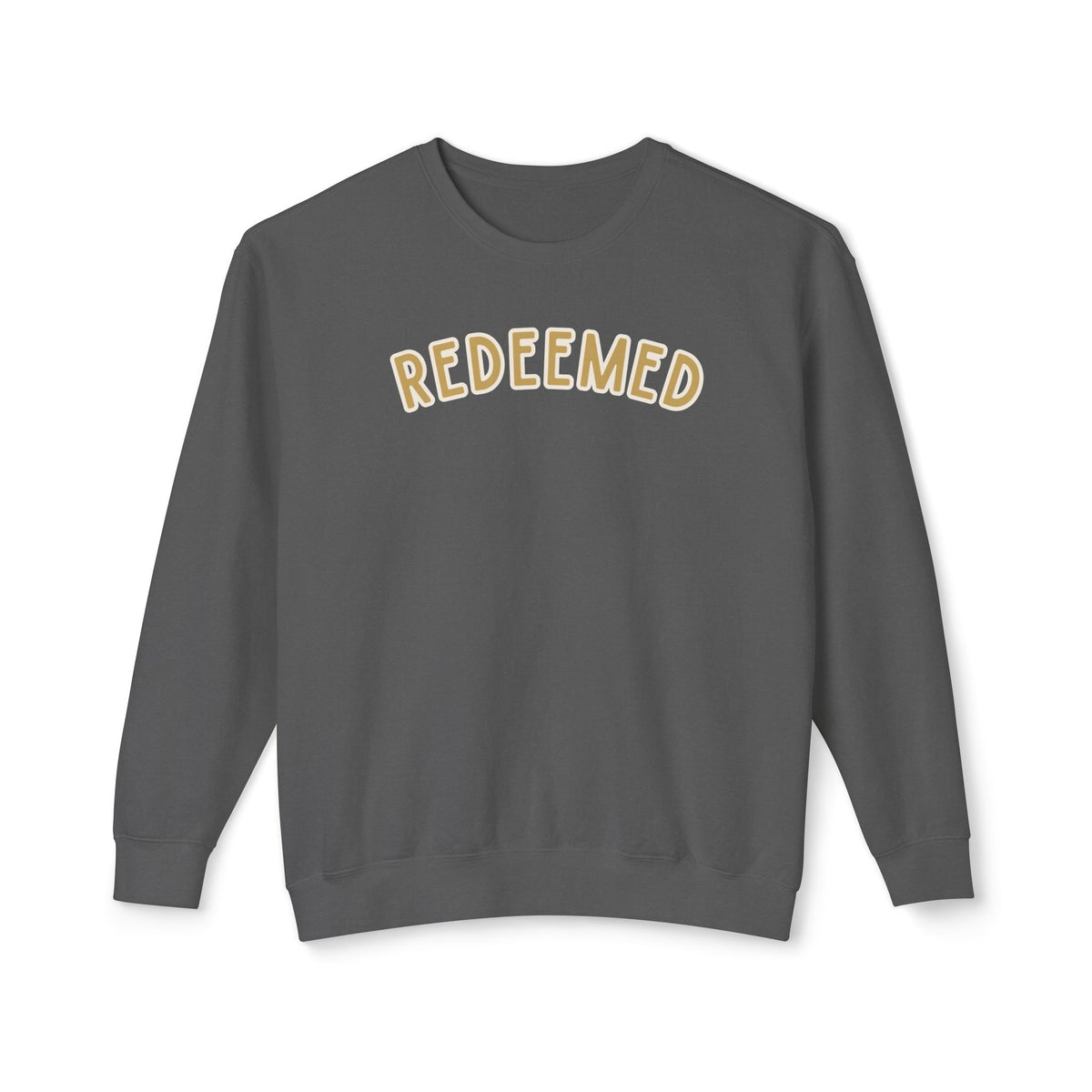 Redeemed lightweight crewneck in Pepper — front, butter yellow arched word