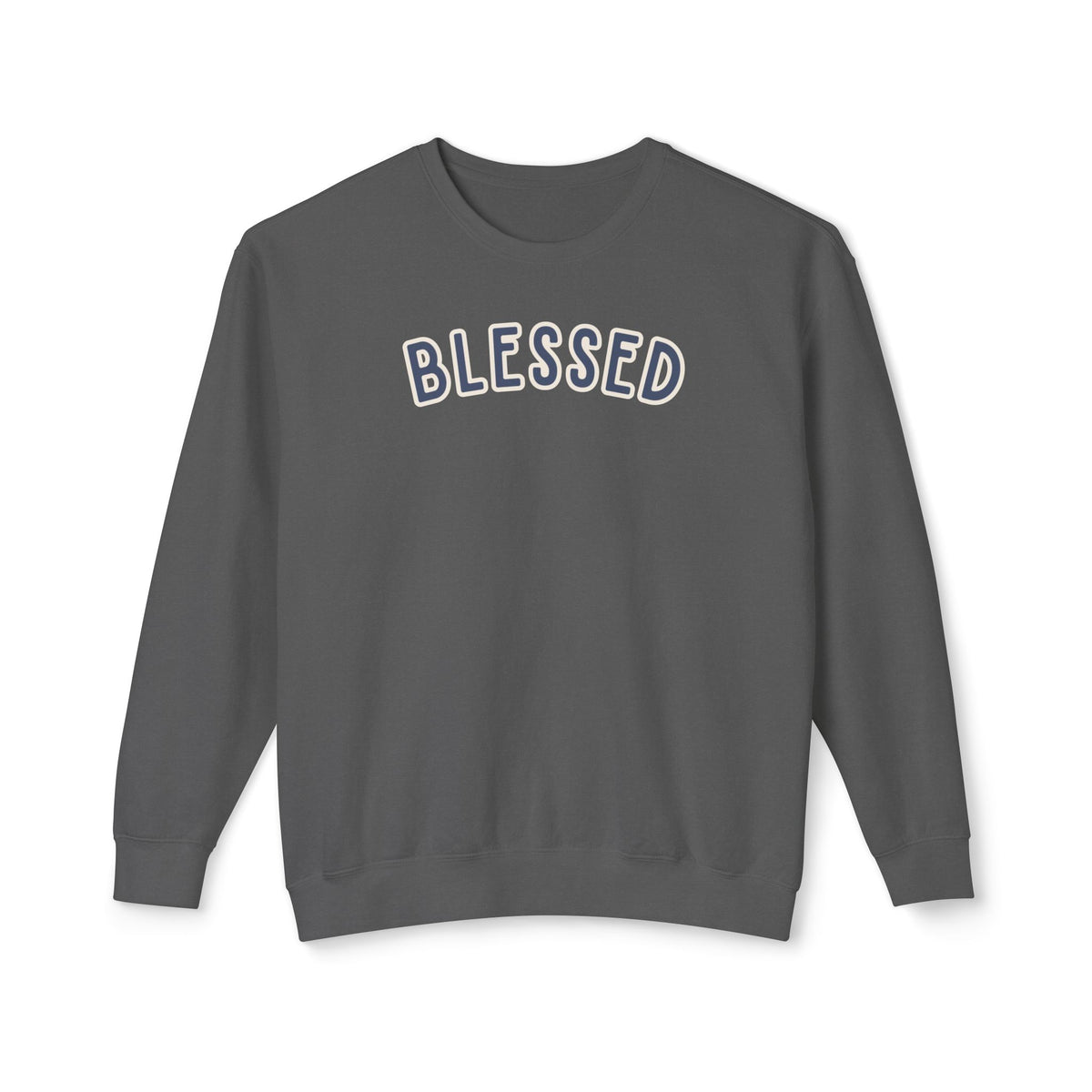 Blessed lightweight crewneck in Pepper — front, navy and cream arched word
