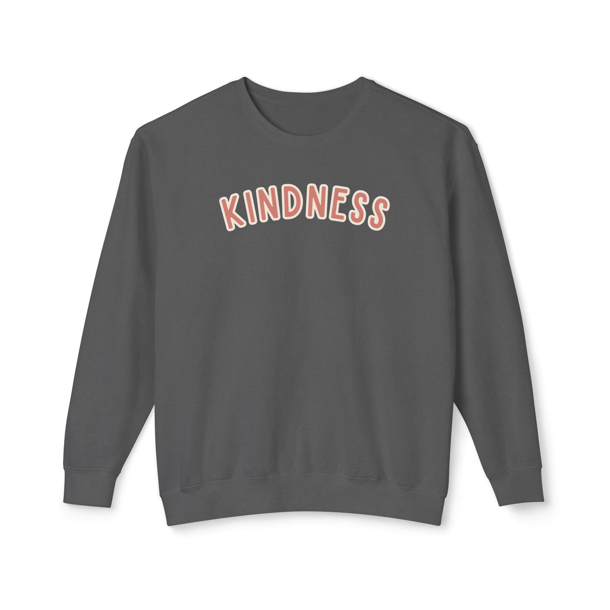 Kindness lightweight crewneck in Pepper — front, dusty rose arched word