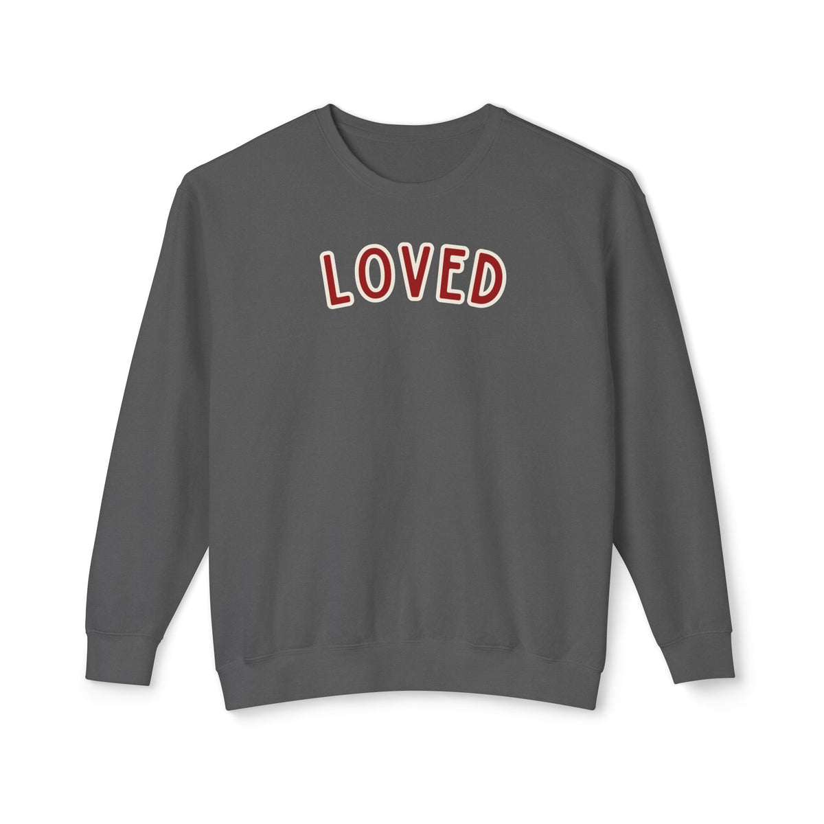 Loved lightweight crewneck in Pepper — front, red arched word