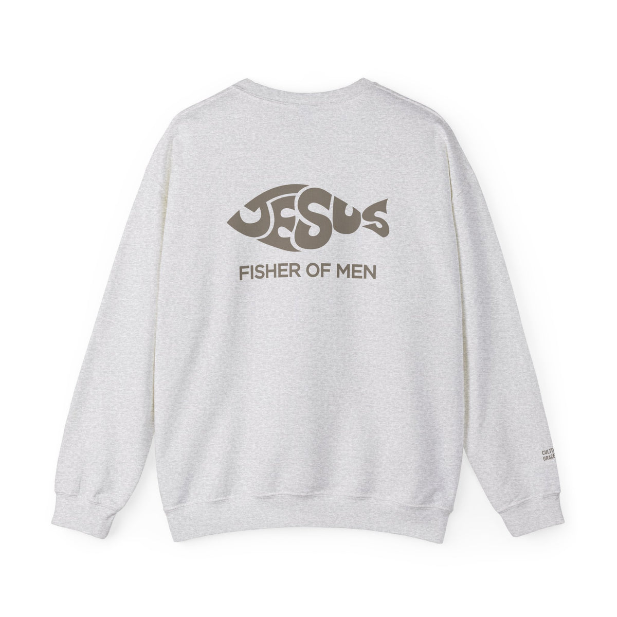Fisher of Men crewneck sweatshirt in Ash, back with Jesus fish graphic and Fisher of Men lettering