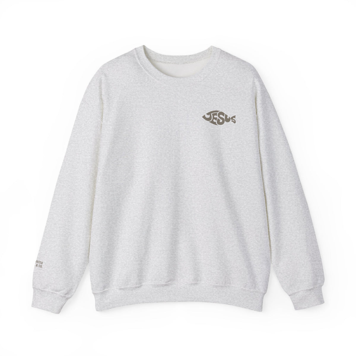 Fisher of Men crewneck sweatshirt in Ash, front with small Jesus fish chest graphic