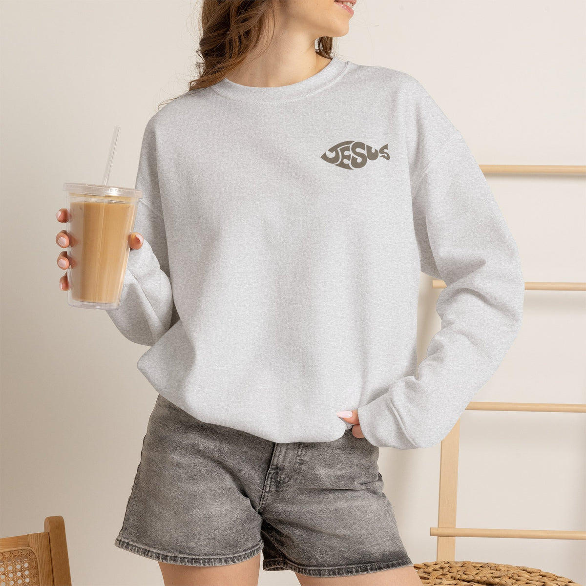 Fisher of Men crewneck sweatshirt in Ash, lifestyle view