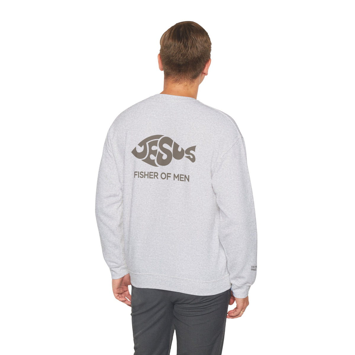 Fisher of Men crewneck sweatshirt in Ash shown on a model, back view
