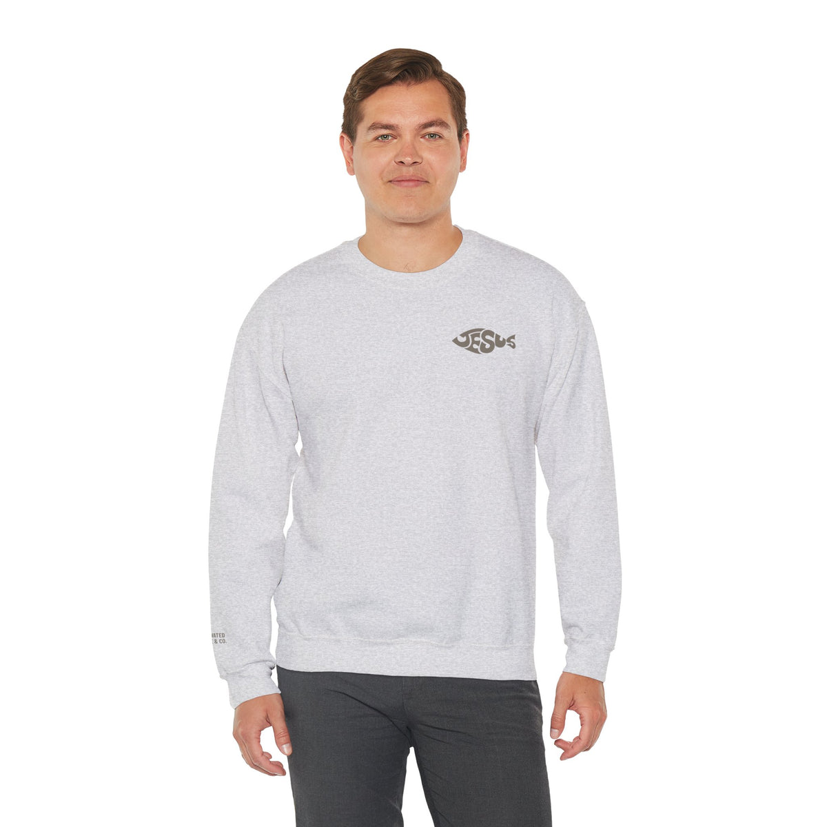 Fisher of Men crewneck sweatshirt in Ash shown on a model, front view