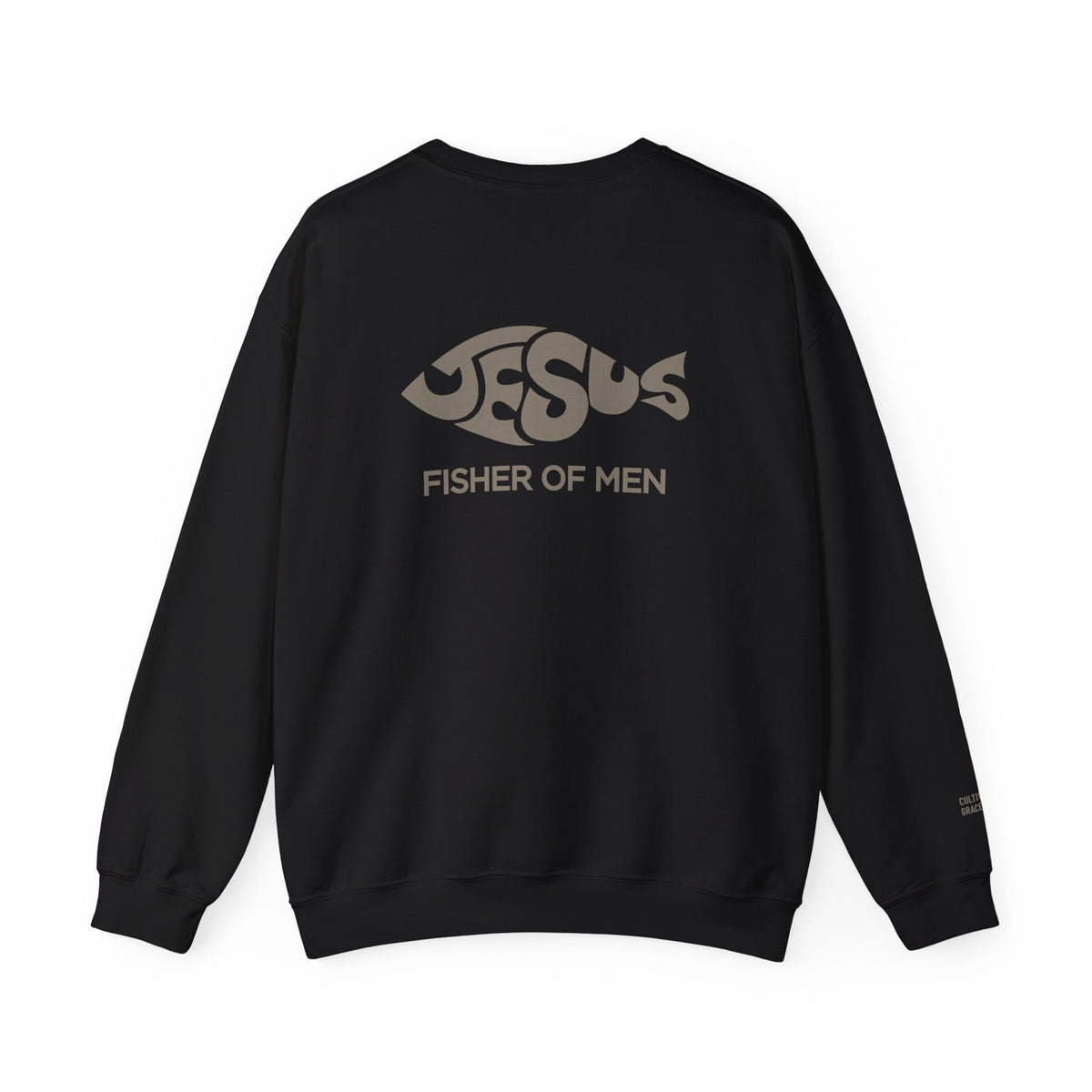 Fisher of Men crewneck sweatshirt in Black, back with large Jesus fish graphic and Fisher of Men lettering
