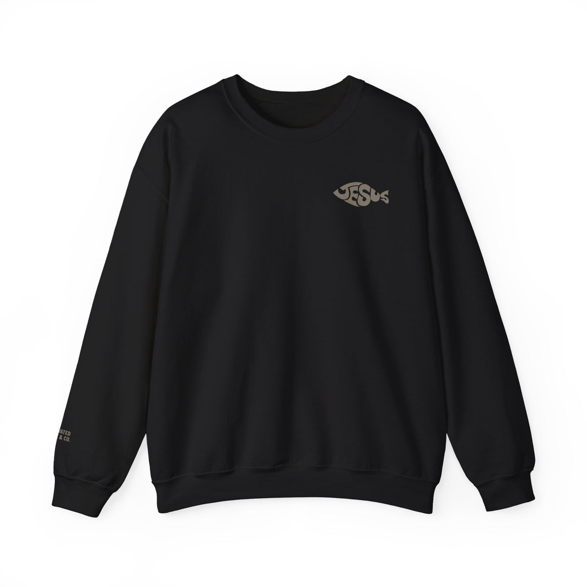 Fisher of Men crewneck sweatshirt in Black, front with small Jesus fish chest graphic