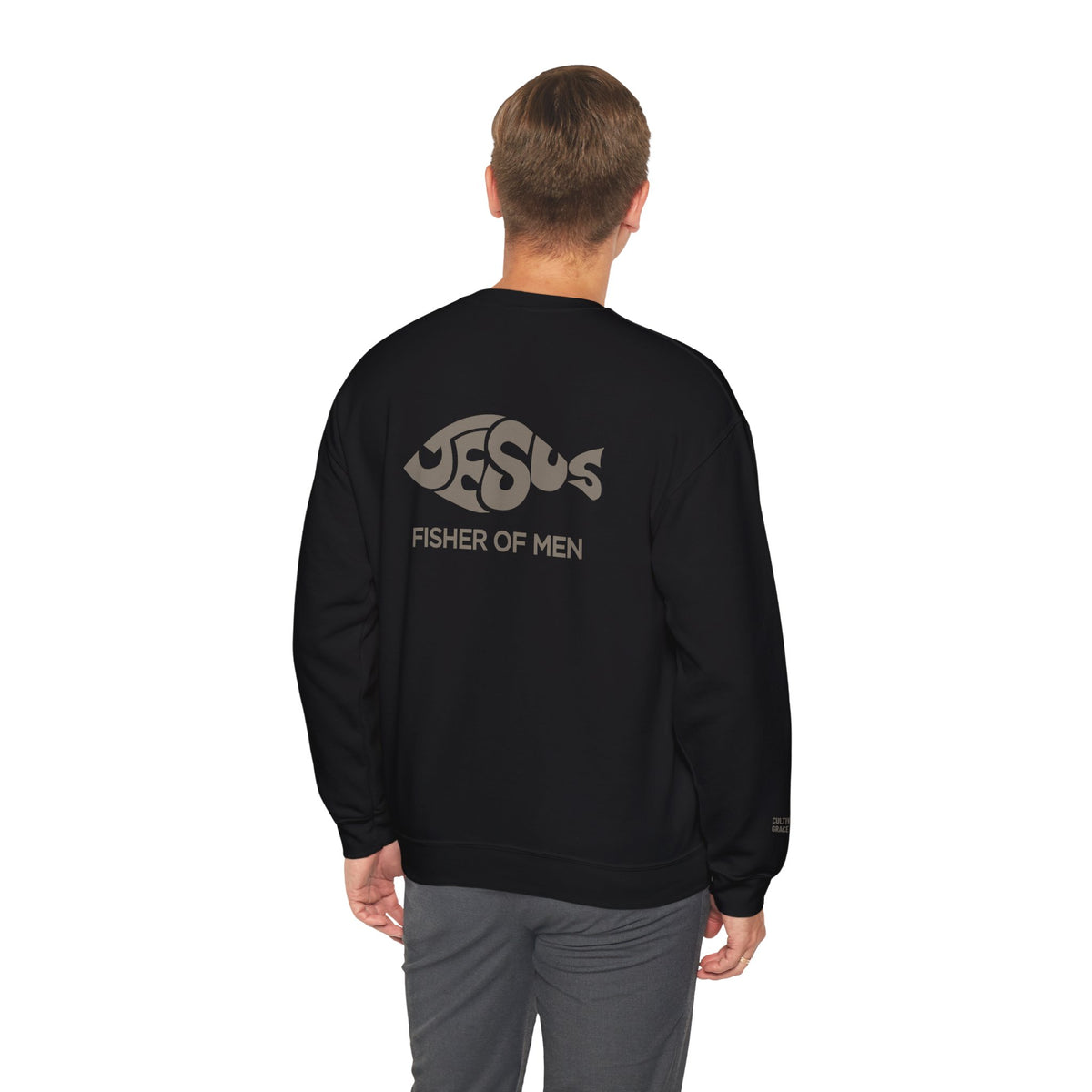 Man wearing the Fisher of Men crewneck sweatshirt in Black, showing the Jesus fish graphic and Fisher of Men back print