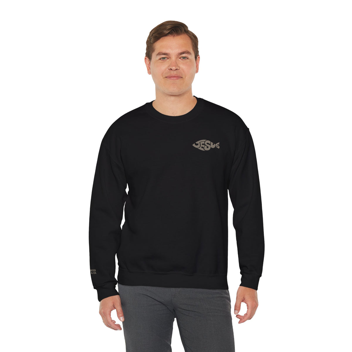 Fisher of Men crewneck sweatshirt in Black shown on a model, front view