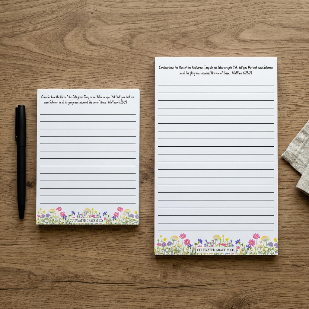 Floral-border notepads in both sizes on a rustic wood table with a pen