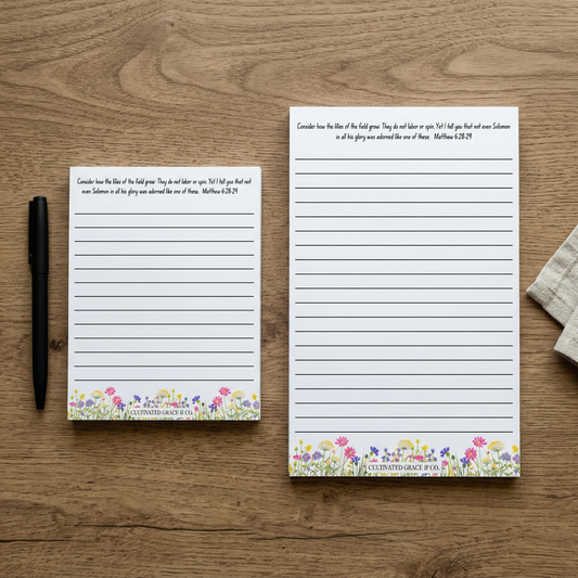 Floral-border notepads in both sizes on a rustic wood table with a pen