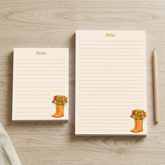 Flower Boots notepads in both sizes on a rustic wood table