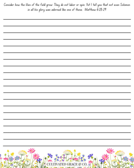 Flowers of the Field lined notepad page design by Cultivated Grace & Co.: Matthew 6:28-29 across the top above charcoal writing lines and a watercolor wildflower border along the bottom. Artwork preview, not a product photo.