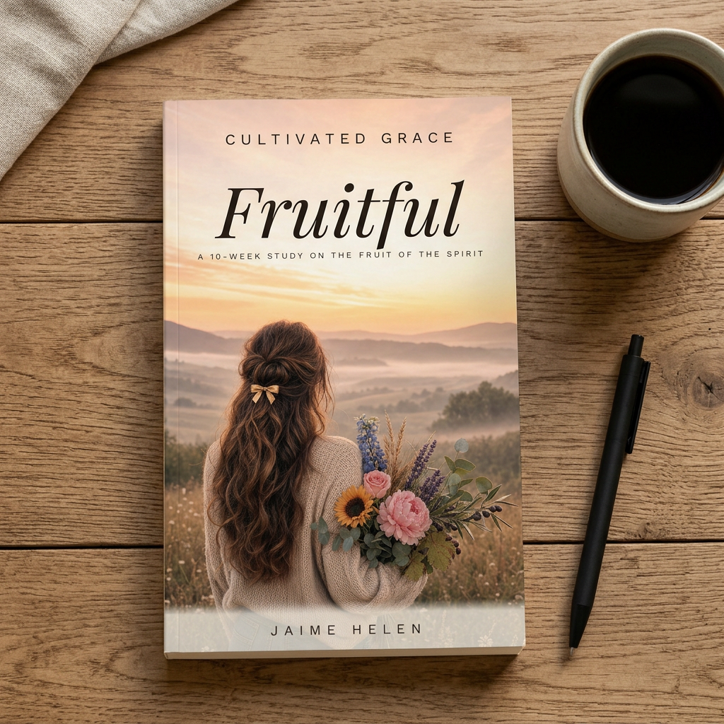 Fruitful paperback on a rustic wood table with coffee and a pen
