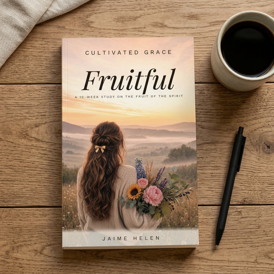 Fruitful paperback on a rustic wood table with coffee and a pen