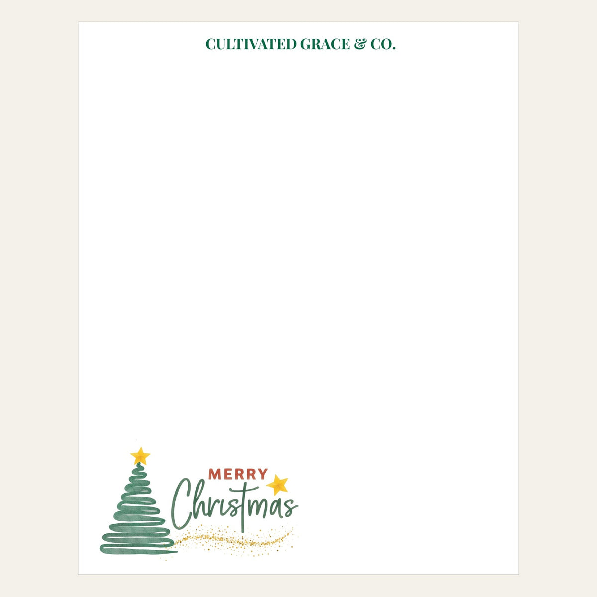 Merry Christmas Tree and Glitter notepad with a green sketched tree, gold star and Merry Christmas