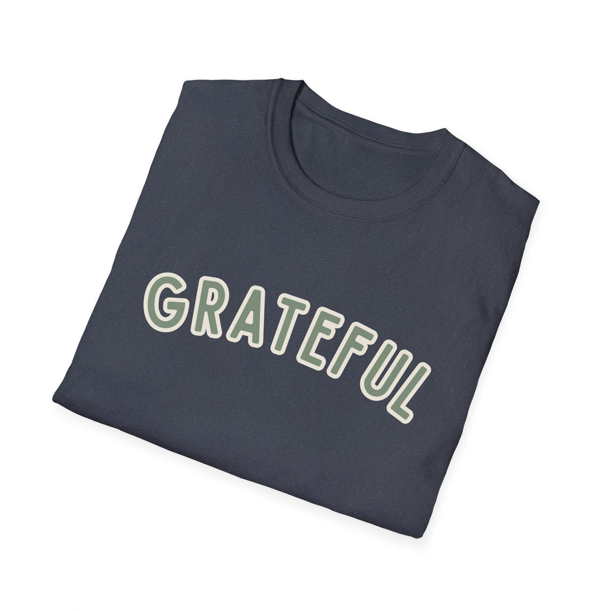 Grateful Softstyle T-Shirt in Heather Navy, sage green arched GRATEFUL lettering with cream outline, folded