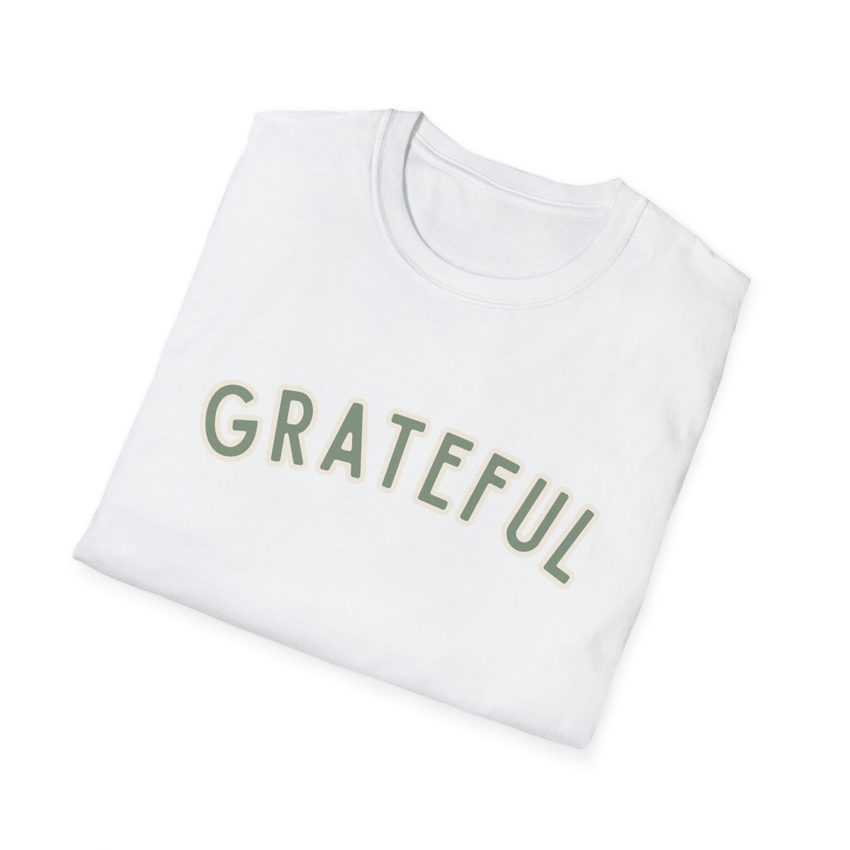 Grateful Softstyle T-Shirt in White, sage green arched GRATEFUL lettering with cream outline, folded
